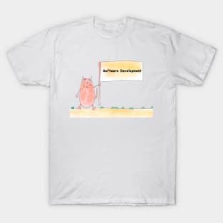 Software Development. Profession, work, job. Cat shows a banner with the inscription. Watercolor illustration. A gift for a professional. T-Shirt